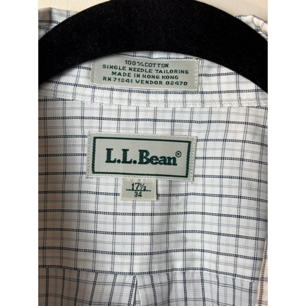 LL Bean Mens Button Down Shirt 17.5/34 White Blue Check Single Needle Tailoring - Picture 4 of 6